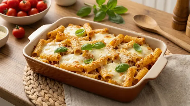 Pasta al forno veloce con rigatoni gratinati, mozzarella filante e basilico in pirofila su tavolo di legno