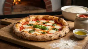 Pizza margherita napoletana su tagliere con impasto lievitato, salsa di pomodoro e forno a legna sullo sfondo