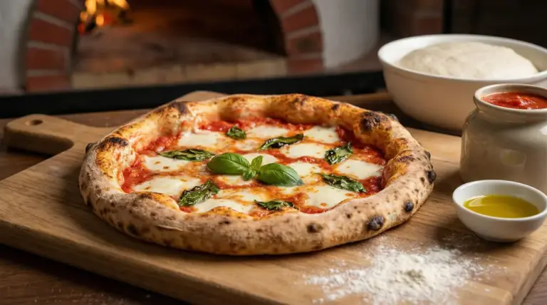 Pizza margherita napoletana su tagliere con impasto lievitato, salsa di pomodoro e forno a legna sullo sfondo