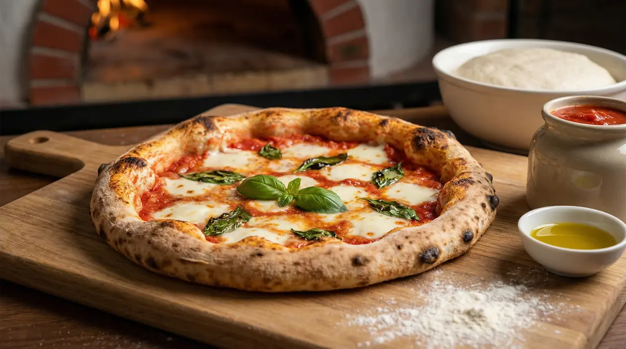 Pizza margherita napoletana su tagliere con impasto lievitato, salsa di pomodoro e forno a legna sullo sfondo