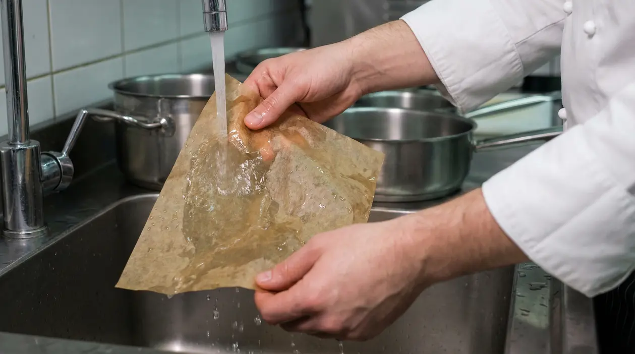 Uno chef bagna la carta forno sotto l’acqua del rubinetto in cucina professionale