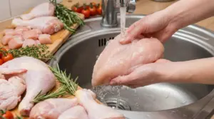 Persona che lava un petto di pollo crudo sotto l’acqua corrente nel lavello della cucina