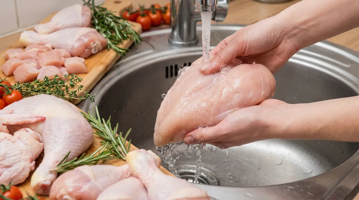 Persona che lava un petto di pollo crudo sotto l’acqua corrente nel lavello della cucina