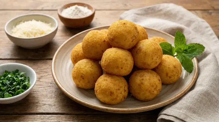 Polpette di patate dorate e croccanti servite su un piatto, con foglie di menta e ingredienti in ciotole sul tavolo