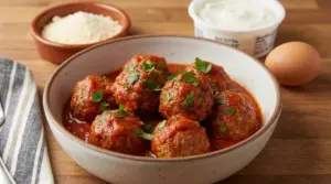 Polpette al sugo in una ciotola, guarnite con prezzemolo, con ricotta, uovo e formaggio grattugiato sullo sfondo