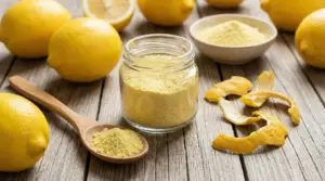 Barattolo e cucchiaio con polvere di limone su tavolo di legno, con limoni interi e scorze essiccate