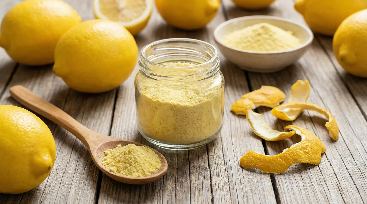 Barattolo e cucchiaio con polvere di limone su tavolo di legno, con limoni interi e scorze essiccate