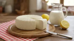 Primosale fatto in casa su tagliere con caraffa di latte intero e limoni su tavolo rustico