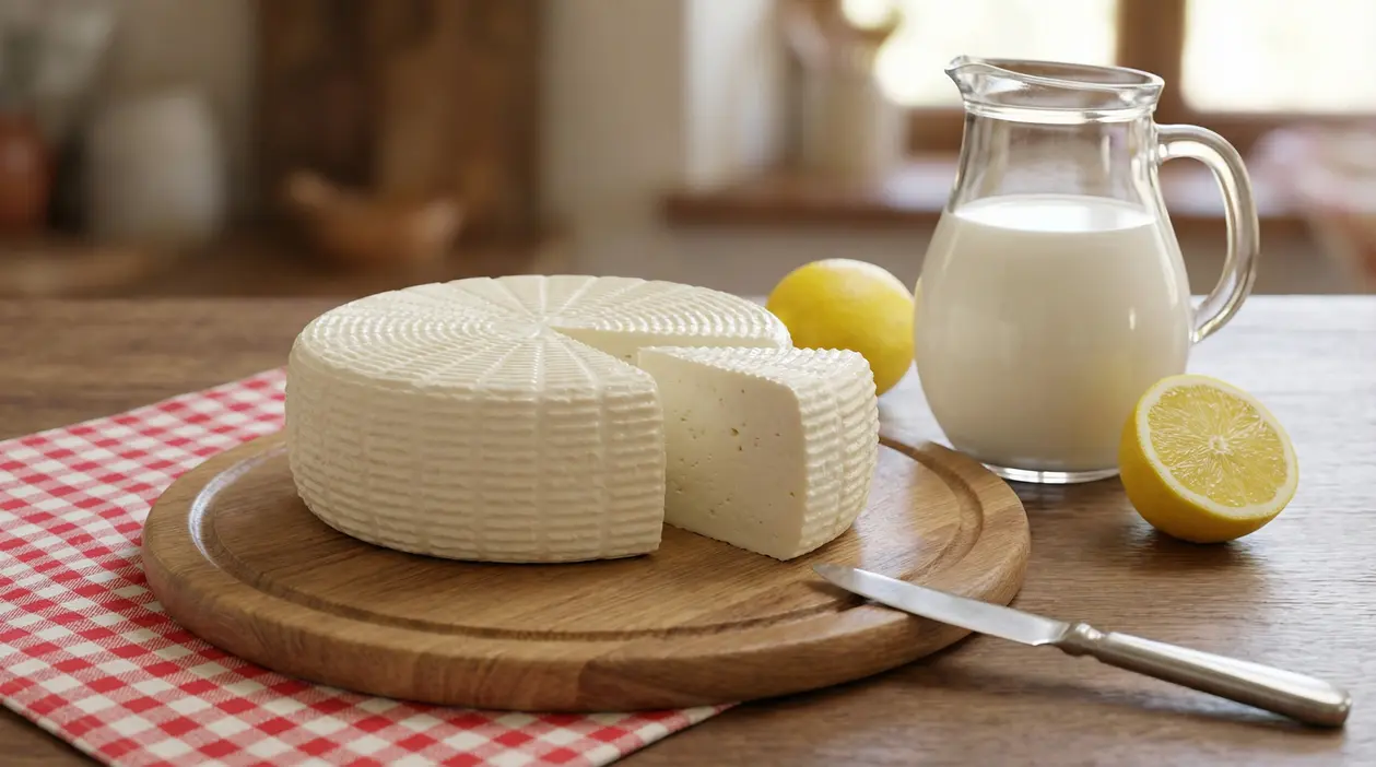 Primosale fatto in casa su tagliere con caraffa di latte intero e limoni su tavolo rustico