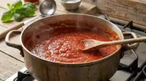 Pentola di sugo di pomodoro che sobbolle sul fornello, mescolato con un cucchiaio di legno