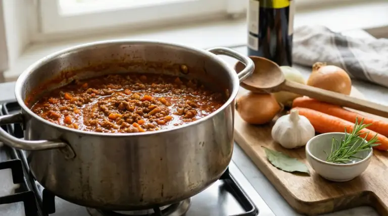 Pentola con ragù alla bolognese sul fornello, accanto a tagliere con carote, cipolle, aglio e rosmarino