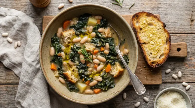 Ciotola di ribollita con cavolo nero e fagioli bianchi, servita con crostini di pane su tavolo rustico