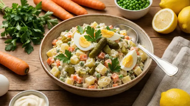 Ciotola di insalata russa con patate, carote, piselli, cetriolini, uova sode e maionese su tavolo di legno