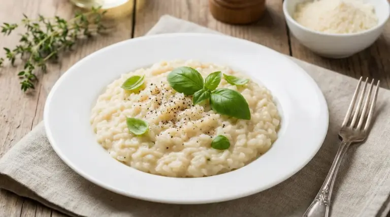 Risotto cremoso in piatto bianco con basilico fresco e pepe nero su tavolo di legno