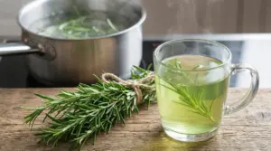 Tazza di infuso al rosmarino con rametti freschi e pentola d’acqua bollente sullo sfondo