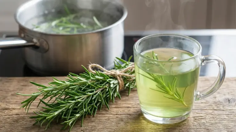 Tazza di infuso al rosmarino con rametti freschi e pentola d’acqua bollente sullo sfondo
