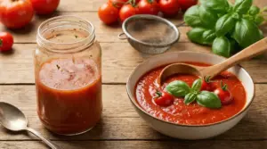 Barattolo di salsa di pomodoro e ciotola di passata con basilico e pomodorini su tavolo in legno