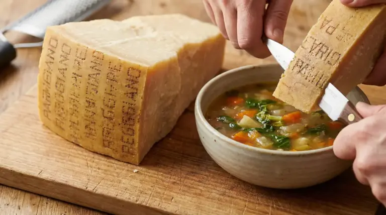 Scorza di parmigiano aggiunta a una zuppa di verdure, con un pezzo di Parmigiano Reggiano su tagliere di legno
