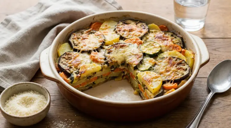 Sformato di verdure al forno con parmigiano gratinato, servito in pirofila con una fetta già tagliata