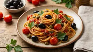 Piatto di spaghetti alla puttanesca con olive nere, capperi e pomodorini su tavolo rustico