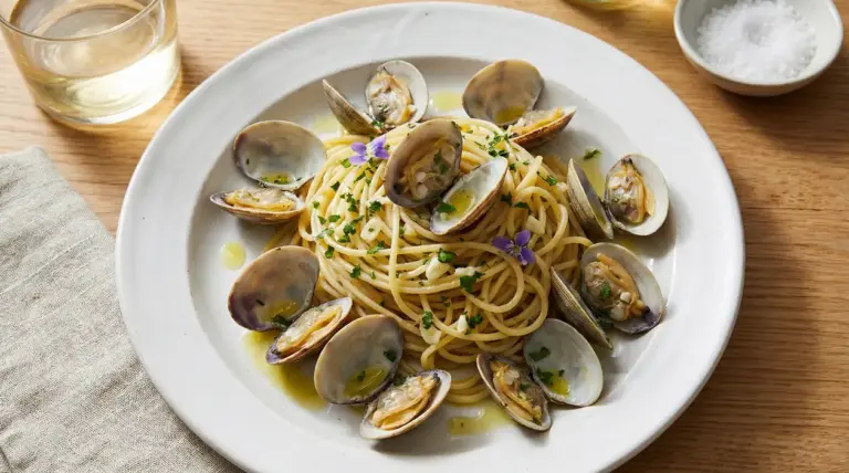 Piatto di spaghetti alle vongole con prezzemolo e olio extravergine, servito su tavolo di legno