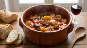 Spezzatino di manzo con patate e carote in pentola di terracotta, servito con pane e un bicchiere di vino rosso