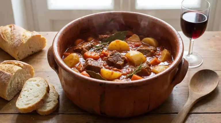 Spezzatino di manzo con patate e carote in pentola di terracotta, servito con pane e un bicchiere di vino rosso