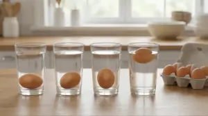 Uova in bicchieri d’acqua su un tavolo: alcune affondano e una galleggia, per testare la freschezza