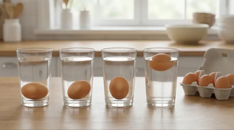 Uova in bicchieri d’acqua su un tavolo: alcune affondano e una galleggia, per testare la freschezza