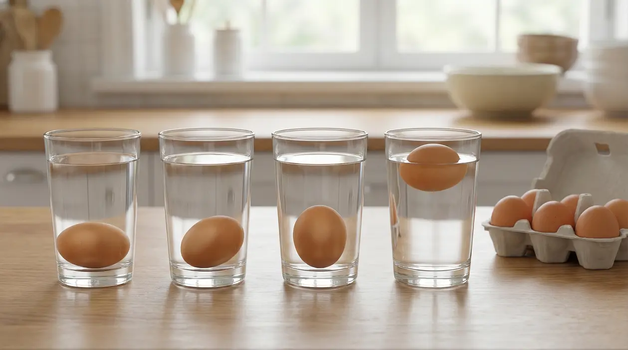 Uova in bicchieri d’acqua su un tavolo: alcune affondano e una galleggia, per testare la freschezza