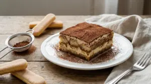 Fetta di tiramisù classico con cacao in polvere su piatto bianco, con savoiardi e colino sul tavolo di legno