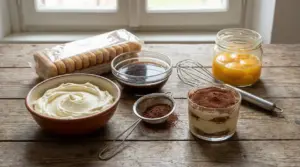 Ingredienti e tiramisù in bicchiere con crema, caffè, cacao e savoiardi su tavolo di legno