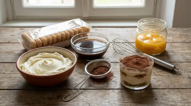 Ingredienti e tiramisù in bicchiere con crema, caffè, cacao e savoiardi su tavolo di legno