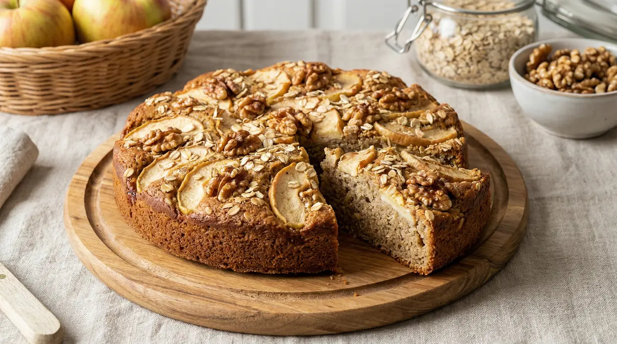 Torta di mele con avena e noci su tagliere di legno, con una fetta tagliata