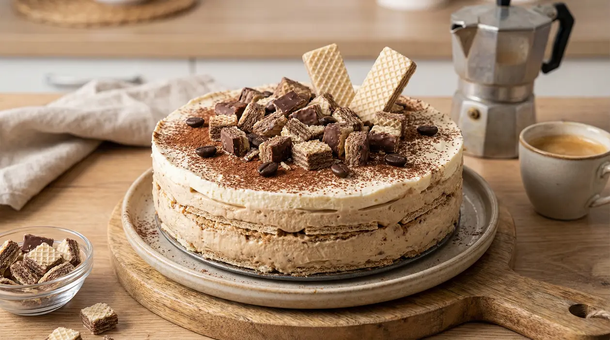 Torta fredda wafer e caffè decorata con cacao, chicchi di caffè e pezzi di wafer su un tagliere in cucina