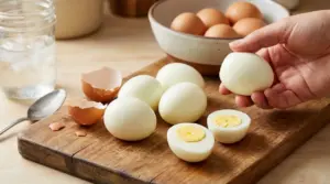 Mano che tiene un uovo sodo già sgusciato su tagliere, con altri uova sode e gusci a lato