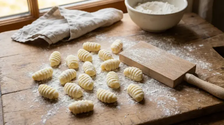 Gnocchi fatti in casa infarinati su tavolo di legno con rigagnocchi e ciotola di farina