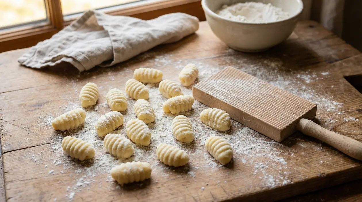 Gnocchi fatti in casa infarinati su tavolo di legno con rigagnocchi e ciotola di farina