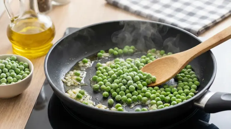 Piselli surgelati saltati in padella con olio e cipolla, mescolati con cucchiaio di legno