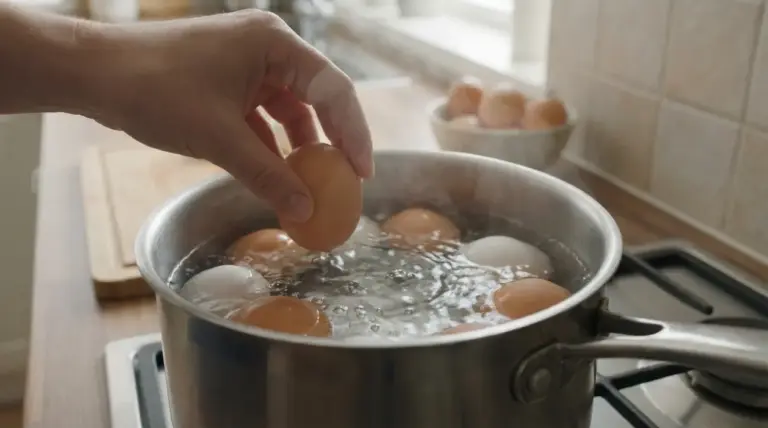 Una mano immerge un uovo in una pentola con acqua bollente per la cottura delle uova