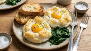 Uova alla Jova soffici con tuorlo morbido, servite con spinaci saltati e pane tostato su piatto di ceramica