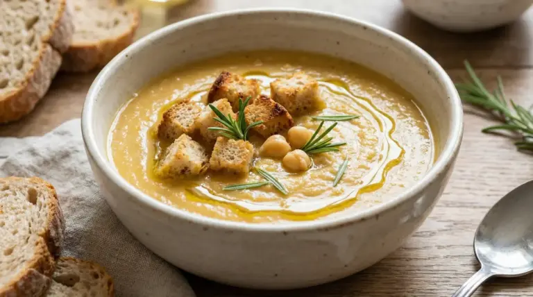 Ciotola di vellutata di ceci con crostini, rosmarino, ceci interi e filo di olio extravergine d'oliva